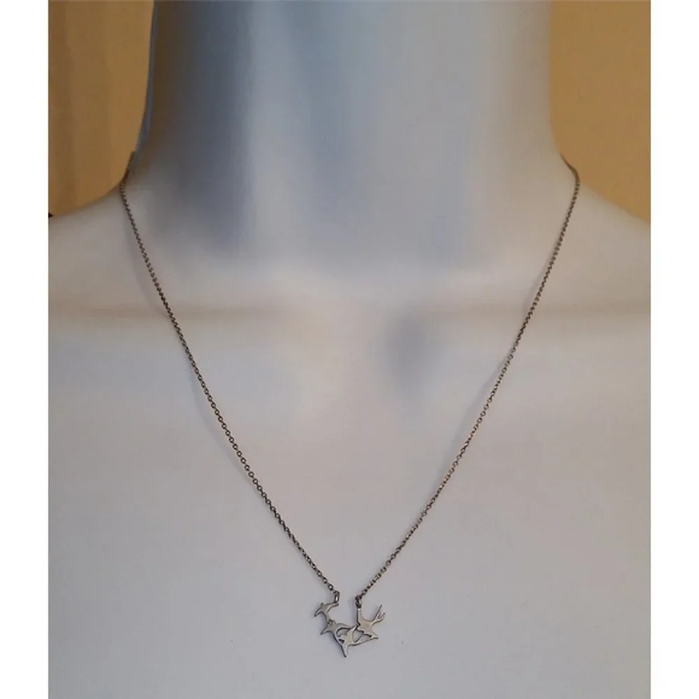 Sterling Silver 925 Flying Birds Pendant Modernist Style Necklace Sign JJ